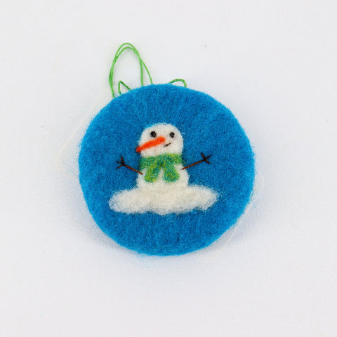 Flat Felted Snowman Ornament Snowman with Green Scarf - Arts and Heritage St. Albert