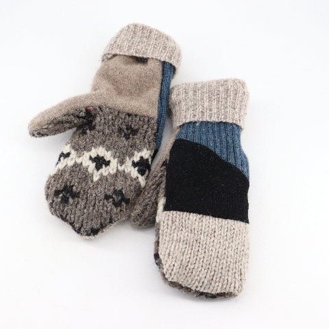 Handmade Upcycled Wool Mittens - Large Grey, Black & Blue with Grey Cuff - Arts and Heritage St. Albert