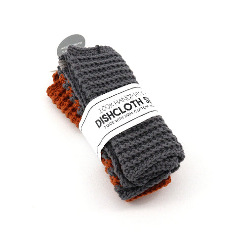 Set of Three Hand Knit Dish Cloths Grey, Stripes & Rust - Arts and Heritage St. Albert