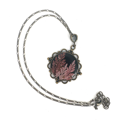 Large Pressed Flower Necklace Dark Red Ferns - Arts and Heritage St. Albert