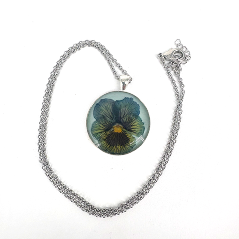 Large Pressed Flower Necklace Blue Pansy - Arts and Heritage St. Albert