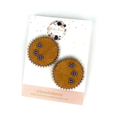 Beaded Earrings Moosehide + Purple Flowers - Arts and Heritage St. Albert