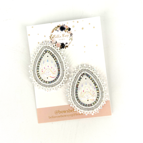 Beaded Earrings White Teardrop - Arts and Heritage St. Albert