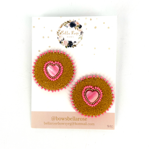 Beaded Earrings Moosehide + Pink Hearts - Arts and Heritage St. Albert