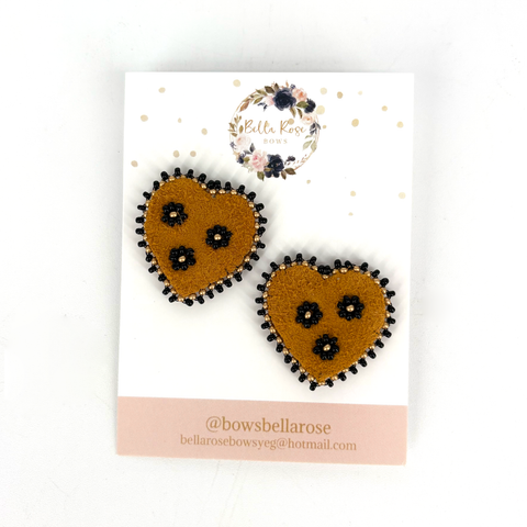Beaded Earrings Moosehide Heart + Black Flowers - Arts and Heritage St. Albert
