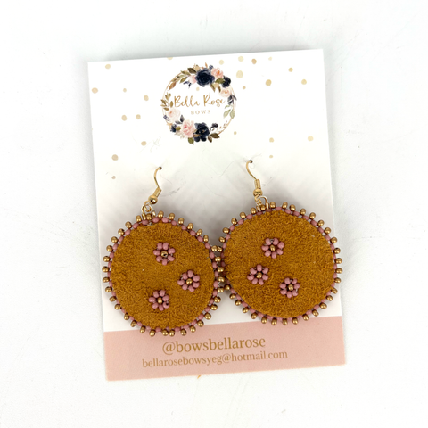 Beaded Earrings Moosehide + Pink Flowers - Arts and Heritage St. Albert