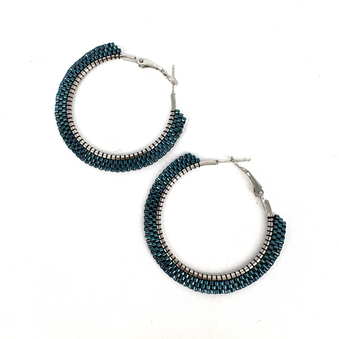 Beaded Earrings Teal Sparkle Hoops - Arts and Heritage St. Albert