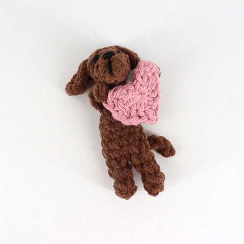 Crocheted Extra Tiny Dog 'Snugglers' Brown with Pink Heart - Arts and Heritage St. Albert