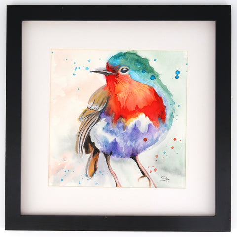Framed Original 12" x 12" Bird Watercolour Paintings by Sabine Hahnel American Robin - Arts and Heritage St. Albert