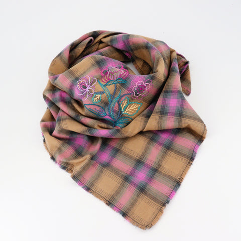 Embroidered Triangle Scarf - Large Pink & Brown Plaid - Arts and Heritage St. Albert
