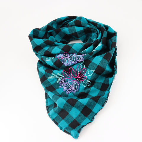 Embroidered Triangle Scarf - Large Aqua & Black Check - Arts and Heritage St. Albert