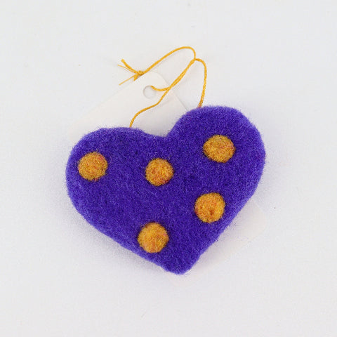 Flat Felted Heart Ornament Purple with Yellow Polka Dots - Arts and Heritage St. Albert
