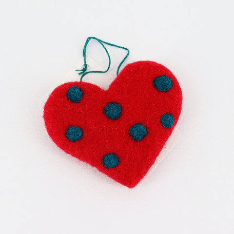 Flat Felted Heart Ornament Red with Green Polka Dots - Arts and Heritage St. Albert