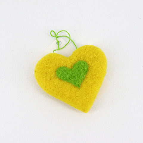 Flat Felted Heart Ornament Yellow and Green - Arts and Heritage St. Albert