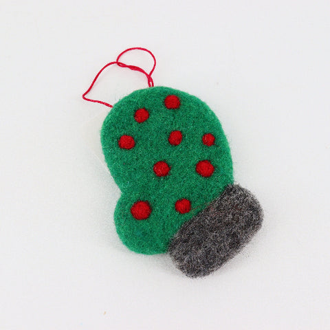 Felted Mitten Ornament Green with Red Dots - Arts and Heritage St. Albert
