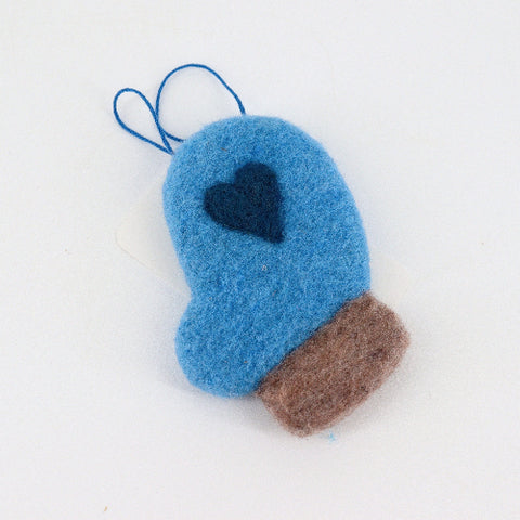 Felted Mitten Ornament Light Blue with Blue Heart - Arts and Heritage St. Albert