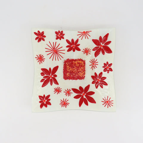 Red & White Patterned Square Fused Glass Dish
