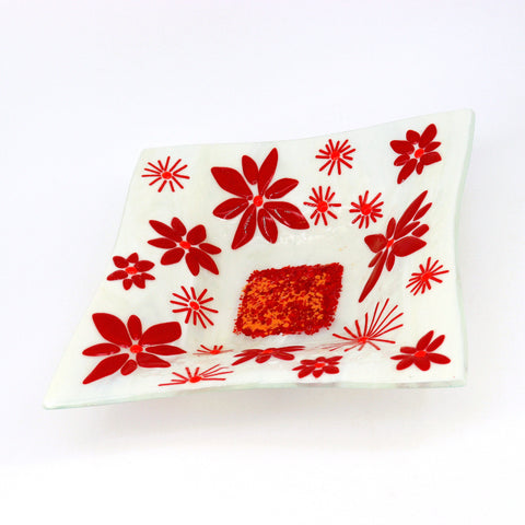 Red & White Patterned Square Fused Glass Dish