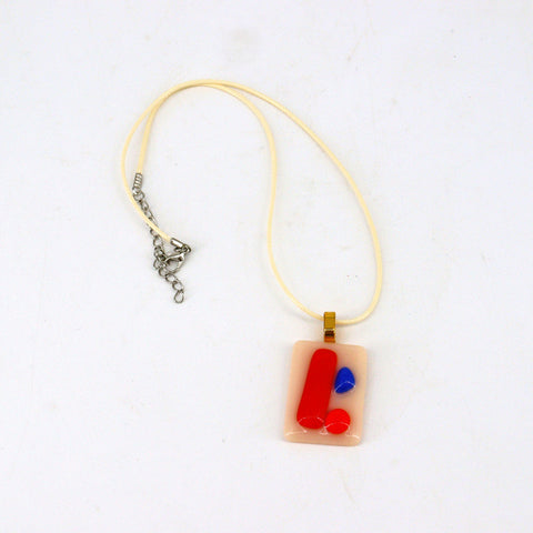 Rectangular Red, Blue & Orange Abstract Fused Glass Necklace