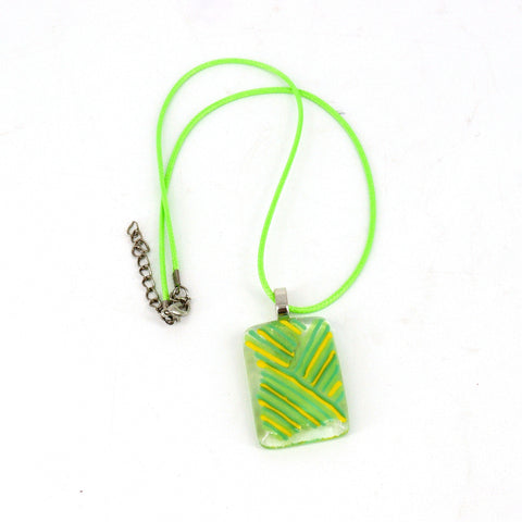 Rectangular Green & Yellow Abstract Fused Glass Necklace