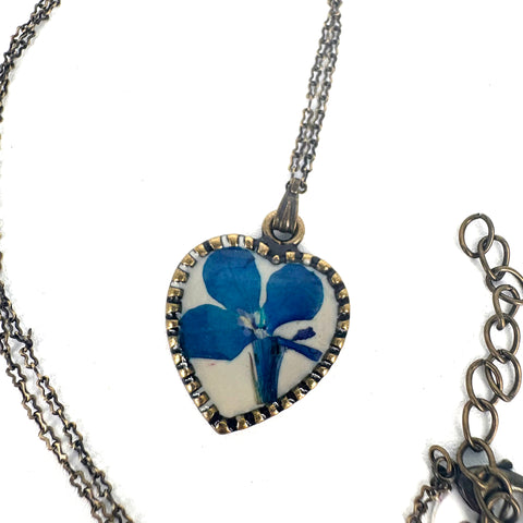 Small Pendant Pressed Flower Necklace Heart Brass - Arts and Heritage St. Albert