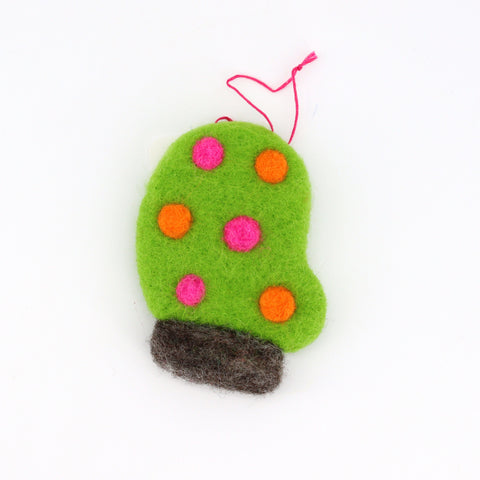 Felted Mitten Ornament Lime Green With Pink Polka Dots - Arts and Heritage St. Albert