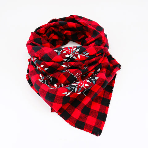 Embroidered Triangle Scarf - Large Red & Black Check - Arts and Heritage St. Albert