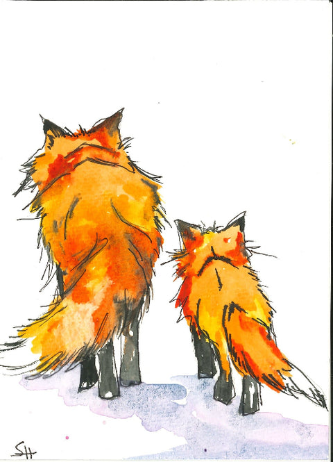 'Animal Series' 5 x 7 Original Art Cards by Sabine Hahnel Mama and Baby Foxes - Arts and Heritage St. Albert