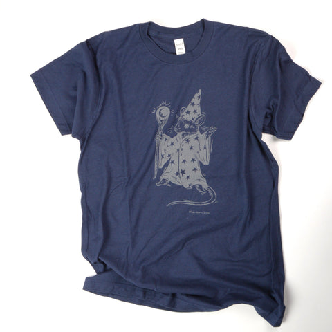 'Mouse Wizard' Hand Silkscreened Magical Creature T-Shirt Medium Blue - Arts and Heritage St. Albert