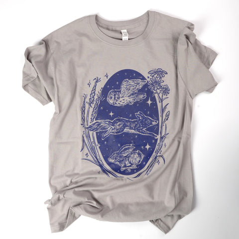 'Owl, Fox & Hare Hand Silkscreened Magical Creature T-Shirt Medium Light Grey - Arts and Heritage St. Albert