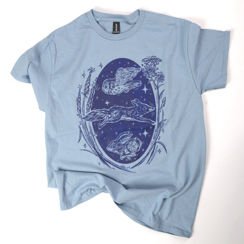 'Owl, Fox & Hare Hand Silkscreened Magical Creature T-Shirt Medium Light Blue - Arts and Heritage St. Albert