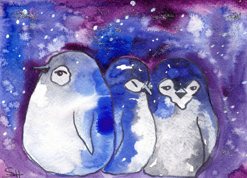 'Holiday Series' Original Art Card Penguins - Arts and Heritage St. Albert