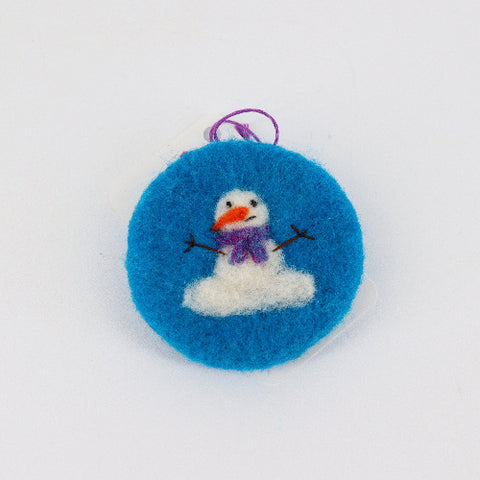 Flat Felted Snowman Ornament Snowman with Purple Scarf - Arts and Heritage St. Albert
