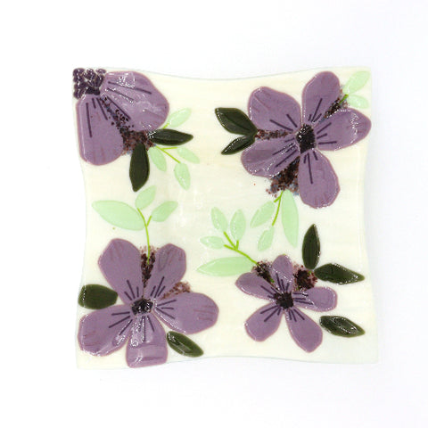 Purple Florals Square Fused Glass Dish - Arts and Heritage St. Albert