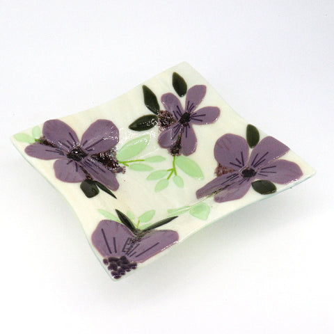 Purple Florals Square Fused Glass Dish - Arts and Heritage St. Albert