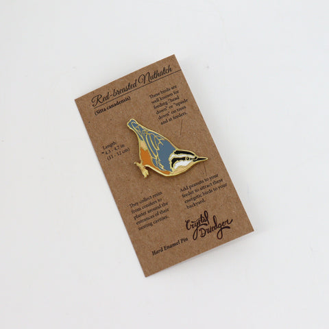 Gold Plated Enamel Bird Pins Red Breasted Nuthatch - Arts and Heritage St. Albert
