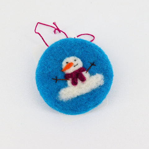 Flat Felted Snowman Ornament Snowman with Magenta Scarf - Arts and Heritage St. Albert