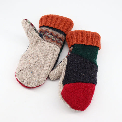 Handmade Upcycled Wool Mittens - Large Red, Black & Green with Orange Cuff - Arts and Heritage St. Albert