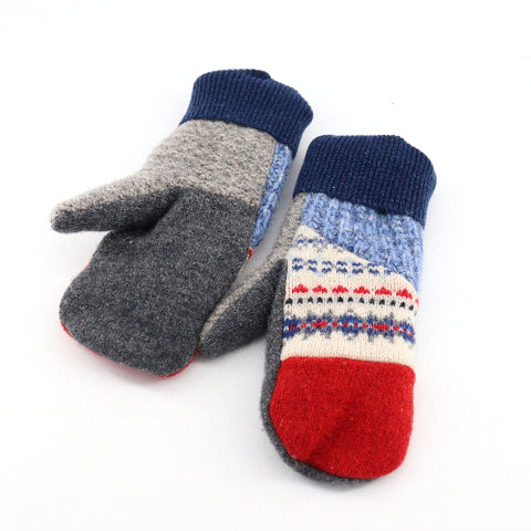 Handmade Upcycled Wool Mittens - Large Red, White & Blue with Blue Cuff - Arts and Heritage St. Albert