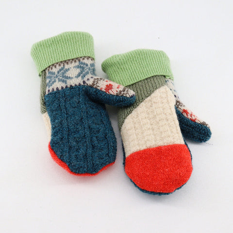 Handmade Upcycled Wool Mittens - Small Red, White and Grey with Red & White Cuff - Arts and Heritage St. Albert