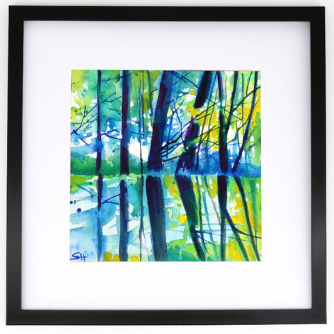 Framed Original 12" x 12" Landscape Watercolour Paintings by Sabine Hahnel Reflections - Arts and Heritage St. Albert