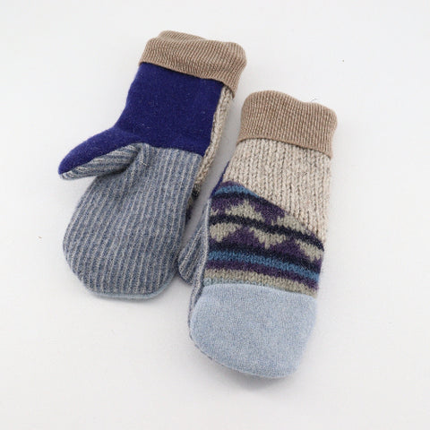 Handmade Upcycled Wool Mittens - Medium Light Blue & Grey with Light Brown Cuff - Arts and Heritage St. Albert