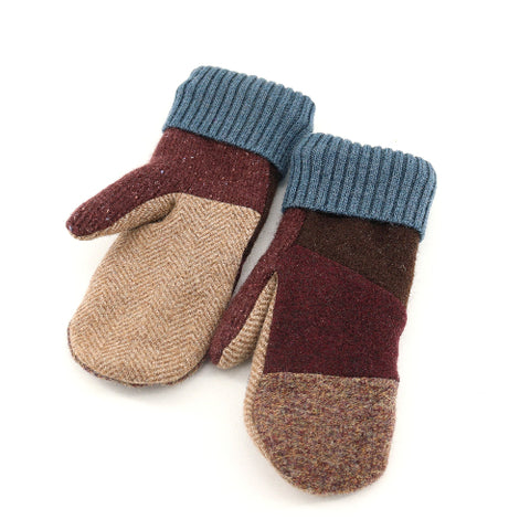 Handmade Upcycled Wool Mittens - Large Shades of Brown & Burgundy with Blue Cuff - Arts and Heritage St. Albert