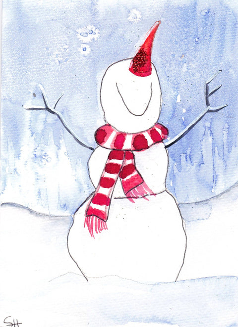 'Holiday Series' Original Art Card Snowman in Red Scarf - Arts and Heritage St. Albert