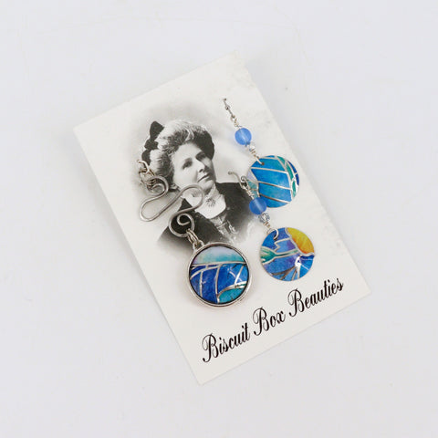 Upcycled biscuit box jewelry set with earrings and pendant from Biscuit Box Beauties, featuring eco-friendly design and vintage style.