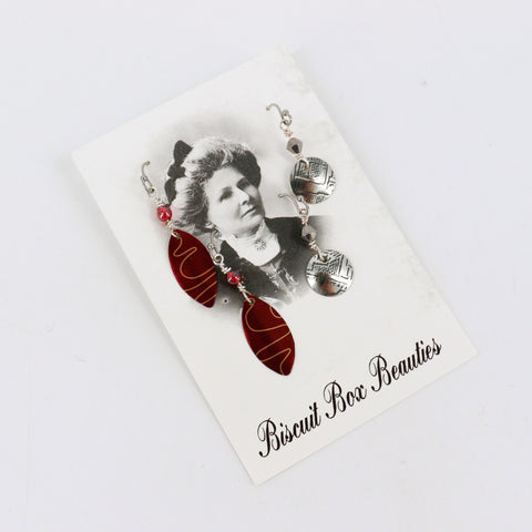 Pair of small upcycled biscuit box earrings from Biscuit Box Beauties, featuring eco-friendly jewelry with vintage-inspired design.