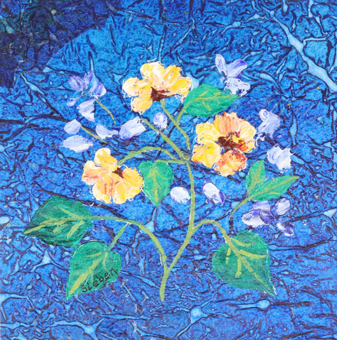 'Yellow Floral on Blue' Mixed Media Collage