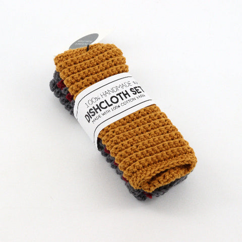 Set of Three Hand Knit Dish Cloths Yellow, Stripes & Grey - Arts and Heritage St. Albert