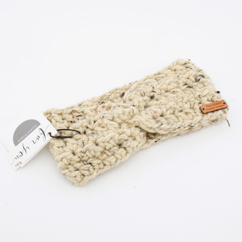 Hand Knit Twisted Ear Warmer Headband Speckled Oatmeal - Arts and Heritage St. Albert