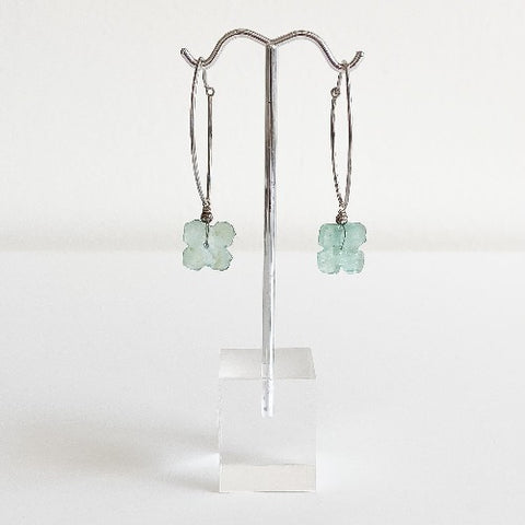 Ancient Glass Earrings, Aqua Flower, Oval Continuous Hoop